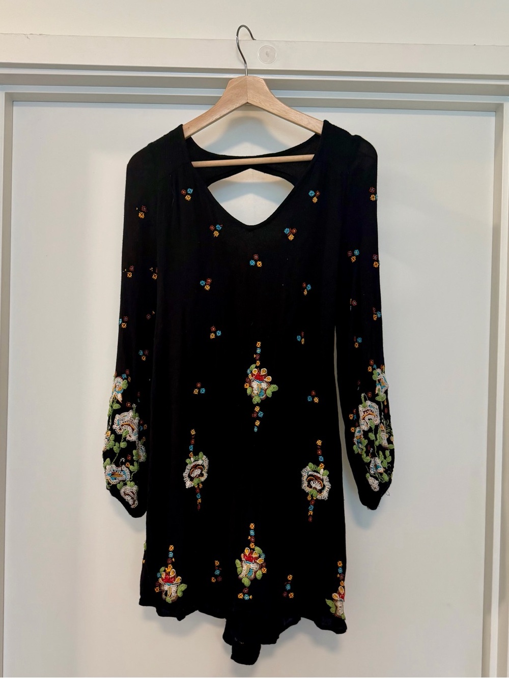 Free People Black Embroidered Boho Long-Sleeve Dress | Small